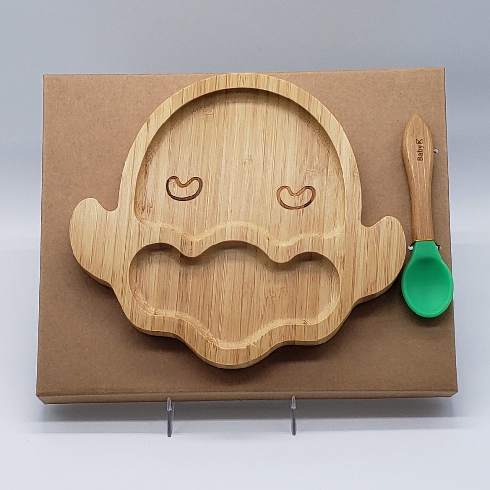 Baby K NIB Bamboo Divided Sheep Plate with Suction & Green Spoon Set - 6 Months